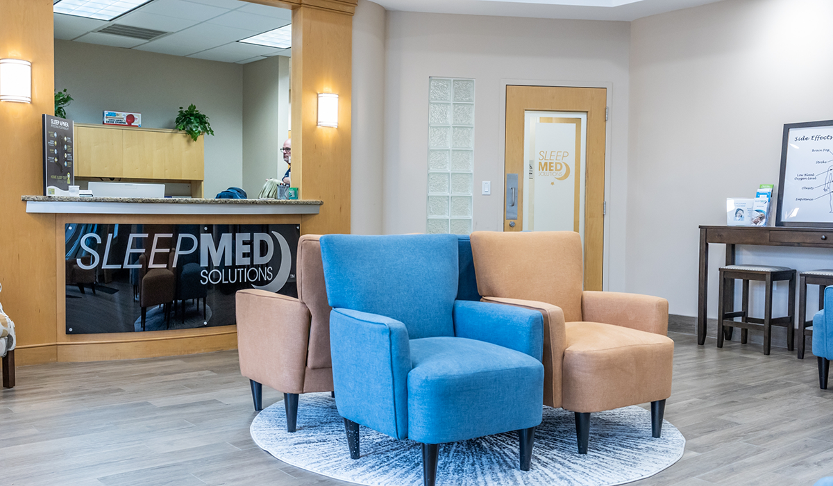 Comfortable armchairs in waiting area of sleep office